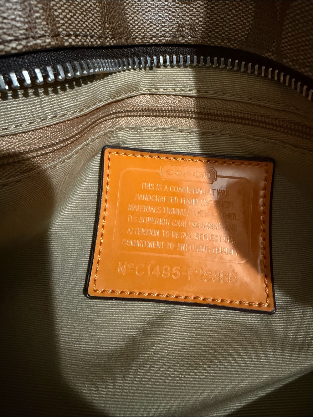 Coach Signature Canvas Zip Top Tote Bag Khaki Orange Leather Trim - Picture 12 of 13